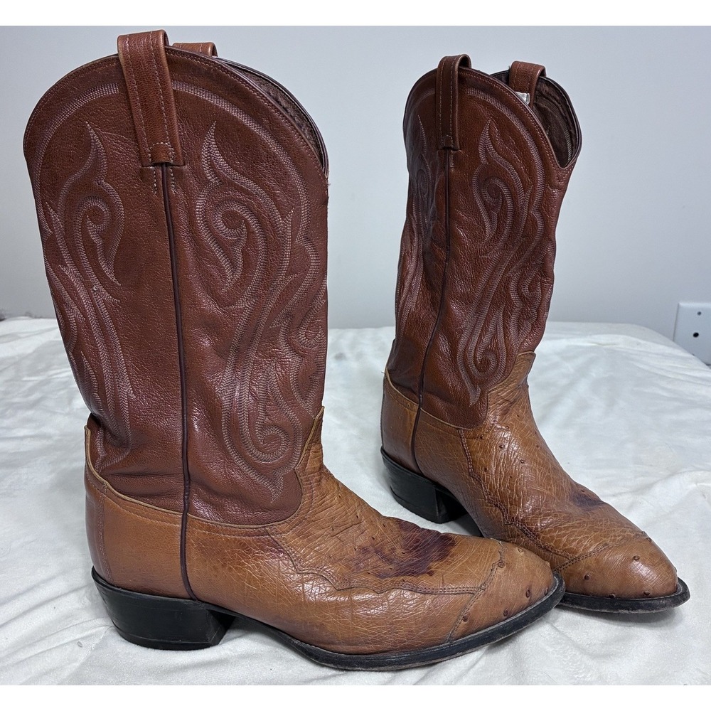 Tony Lama Ostrich Leather Brown Cowboy Boots Men's 11 D VTG Tony Lama CZ986